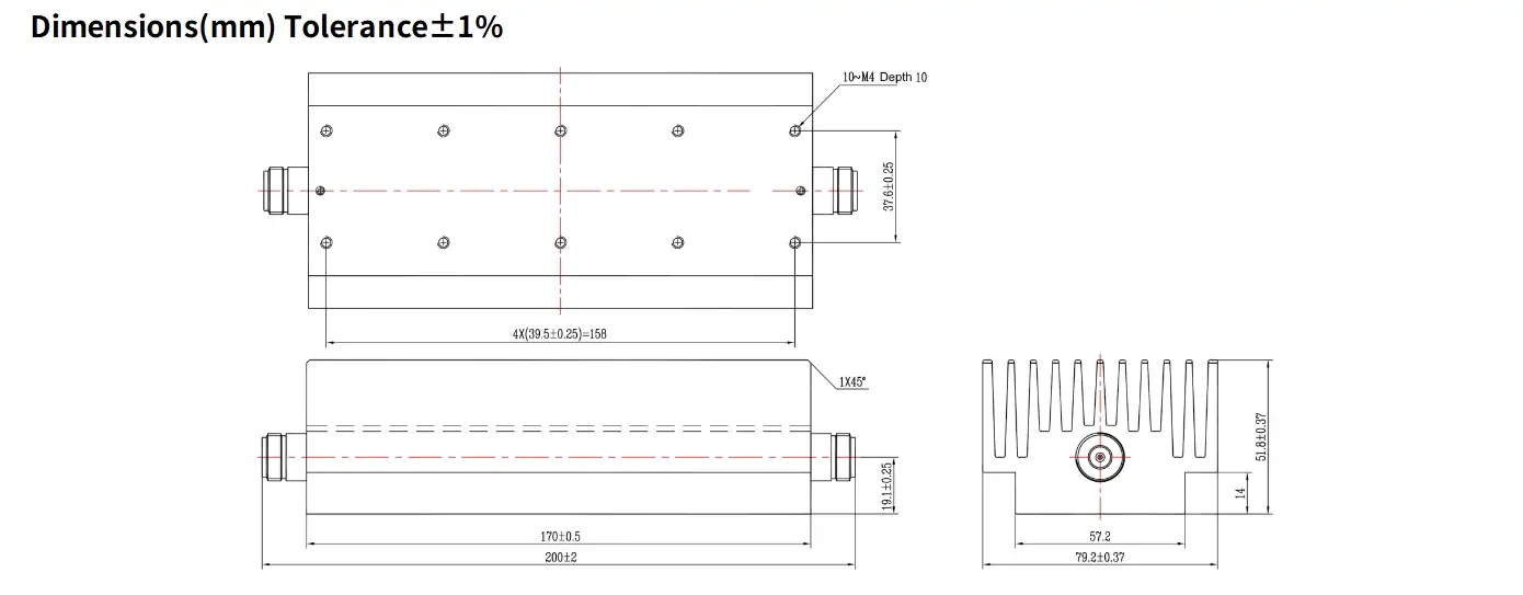30dB Fixed Attenuator, N Female to N Female, 250Watts, DC-8.5GHz, Rectangular, VSWR1.25