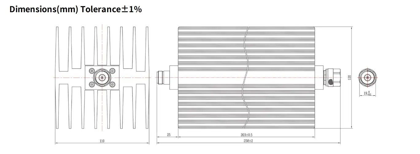 40dB Fixed Attenuator, N Male to N Female, 200Watts, DC-8.5GHz, Rectangular, VSWR1.25