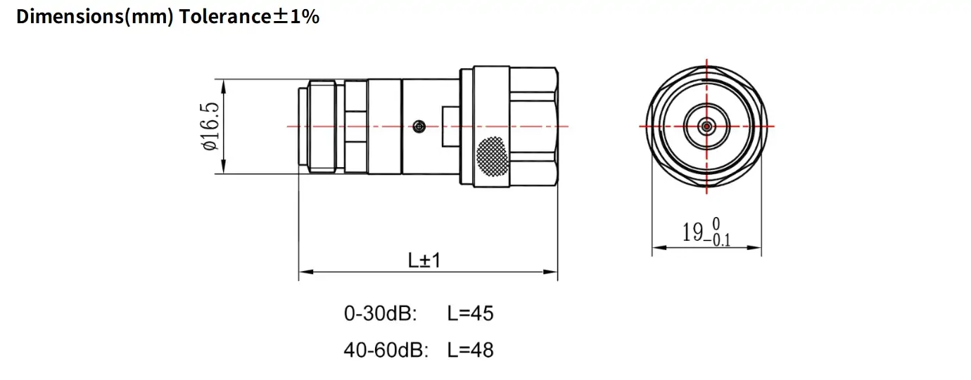 40dB Fixed Attenuator, N Male to N Female, 2Watts, DC-6GHz, Round, VSWR1.25
