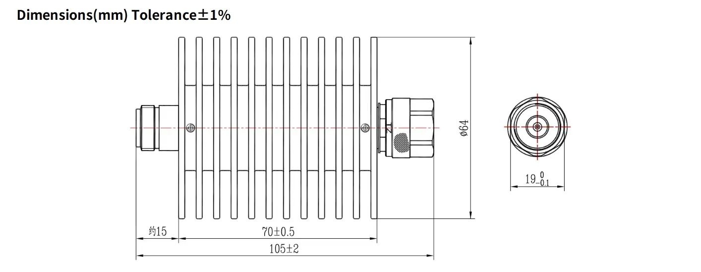 40dB Fixed Attenuator, N Male to N Female, 50Watts, DC-6GHz, Round, VSWR1.25