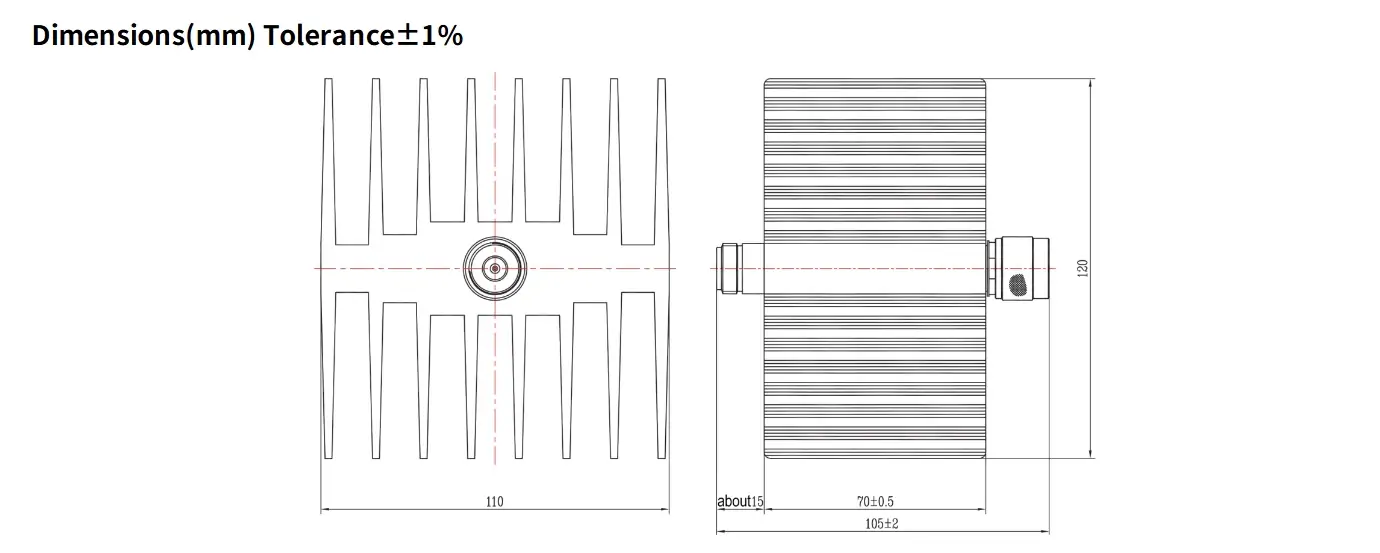 40dB Fixed Attenuator, N Male to N Female, 50Watts, DC-6GHz, Rectangular, VSWR1.25