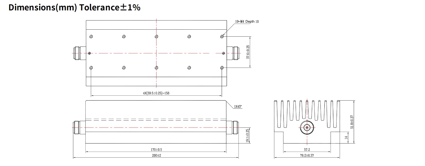 60dB Fixed Attenuator, N Female to N Female, 250Watts, DC-8.5GHz, Rectangular, VSWR1.25
