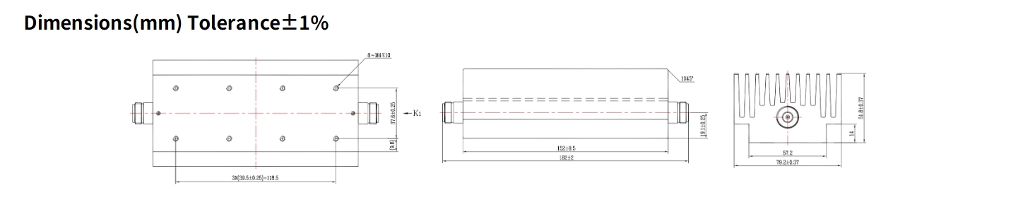 60dB Fixed Attenuator, N Female to N Female, 200Watts, DC-8GHz, Rectangular, VSWR1.25