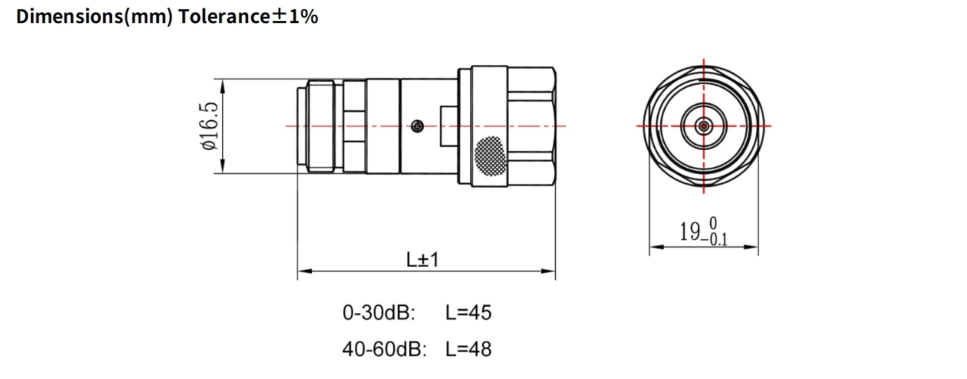 60dB Fixed Attenuator, N Male to N Female, 2Watts, DC-6GHz, Round, VSWR1.25