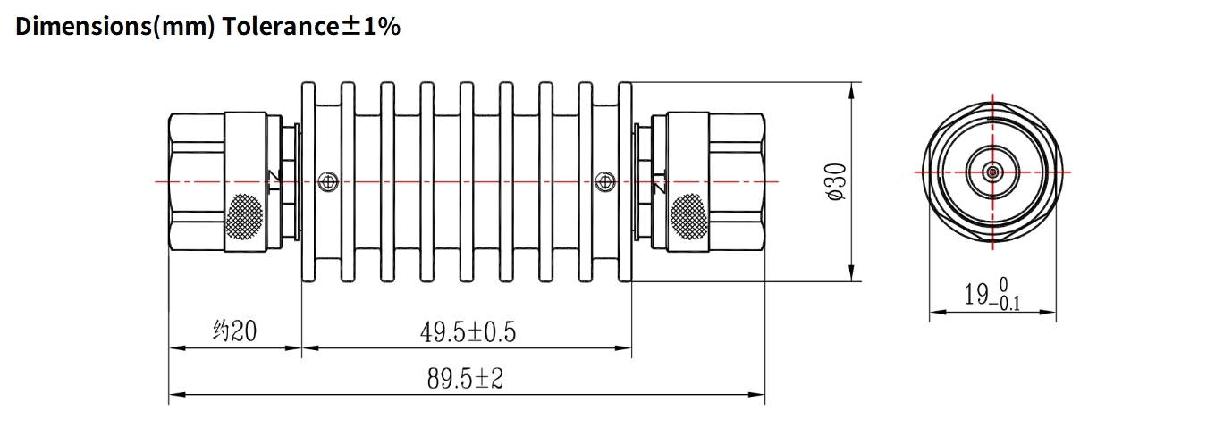 60dB Fixed Attenuator, N Male to N Male, 10Watts, DC-6GHz, Round, VSWR1.2