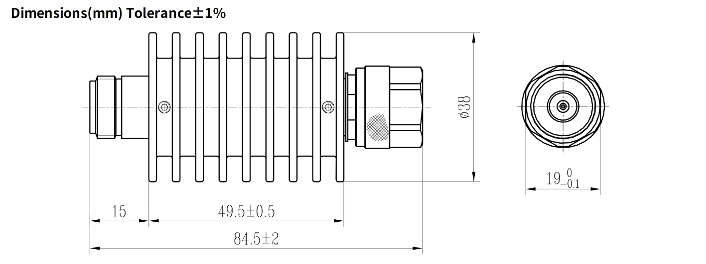60dB Fixed Attenuator, N Male to N Female, 20Watts, DC-6GHz, Round, VSWR1.25