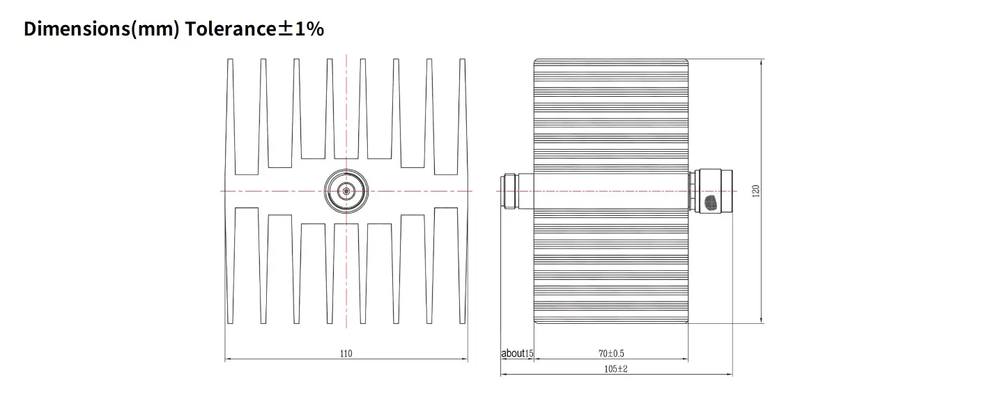 40dB Fixed Attenuator, N Male to N Female, 50Watts, DC-12.4GHz, Rectangular, VSWR1.35