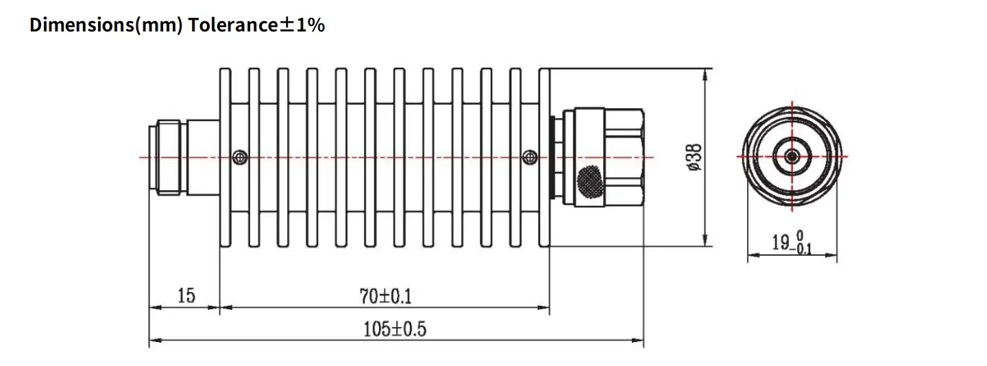 50dB Fixed Attenuator, N Male to N Female, 30Watts, DC-12.4GHz, Round, VSWR1.35