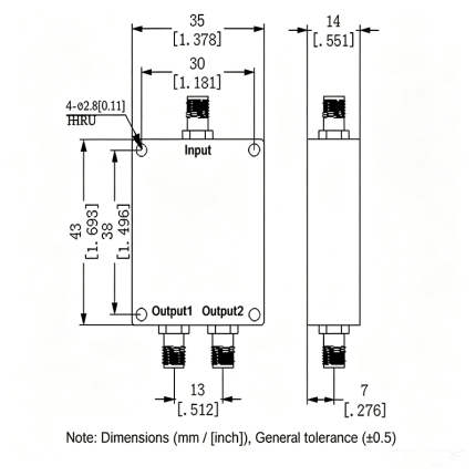 2 Way SMA Power Divider from 0.8 GHz to 2.7 GHz Rated at 30 Watts