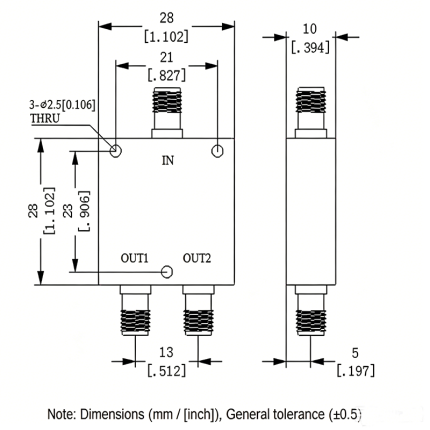 2 Way SMA Power Divider from 2 GHz to 8 GHz Rated at 30 Watts