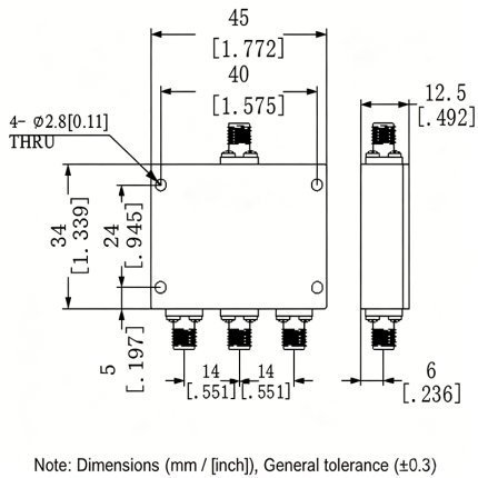 3 Way SMA Power Divider from DC to 3 GHz Rated at 2 Watts