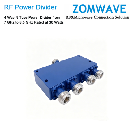 4 Way N Type Power Divider from 7 GHz to 8.5 GHz Rated at 30 Watts