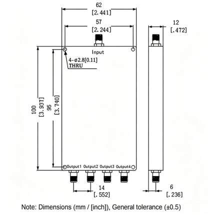 4 Way SMA Power Divider from 0.5 GHz to 6 GHz Rated at 30 Watts