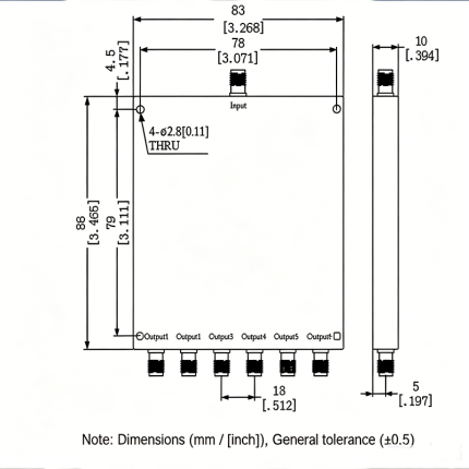 6 Way SMA Power Divider from 2 GHz to 8 GHz Rated at 30 Watts
