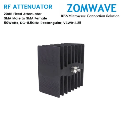 20dB Fixed Attenuator, SMA Male to SMA Female, 50Watts, DC-8.5GHz, Rectangular, VSWR1.25