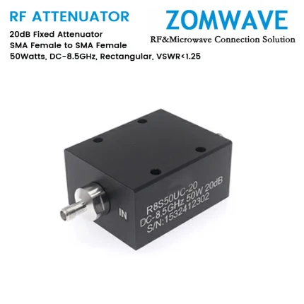 20dB Fixed Attenuator, SMA Female to SMA Female, 50Watts, DC-8.5GHz, Rectangular, VSWR1.25