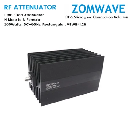 10dB Fixed Attenuator, N Male to N Female, 200Watts, DC-6GHz, Rectangular, VSWR1.25