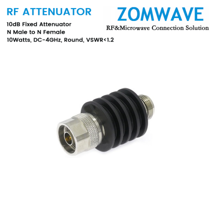 10dB Fixed Attenuator, N Male to N Female, 10Watts, DC-4GHz, Round, VSWR1.2