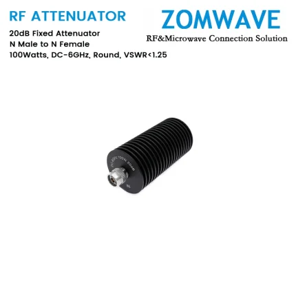 20dB Fixed Attenuator, N Male to N Female, 100Watts, DC-6GHz, Round, VSWR1.25