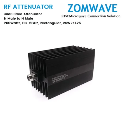 30dB Fixed Attenuator, N Male to N Male, 200Watts, DC-6GHz, Rectangular, VSWR1.25