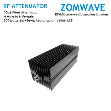 40dB Fixed Attenuator, N Male to N Female, 500Watts, DC-6GHz, Rectangular, VSWR1.35