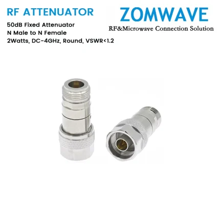 50dB Fixed Attenuator, N Male to N Female, 2Watts, DC-4GHz, Round, VSWR1.2
