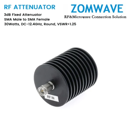 3dB Fixed Attenuator, SMA Male to SMA Female, 30Watts, DC-12.4GHz, Round, VSWR1.25