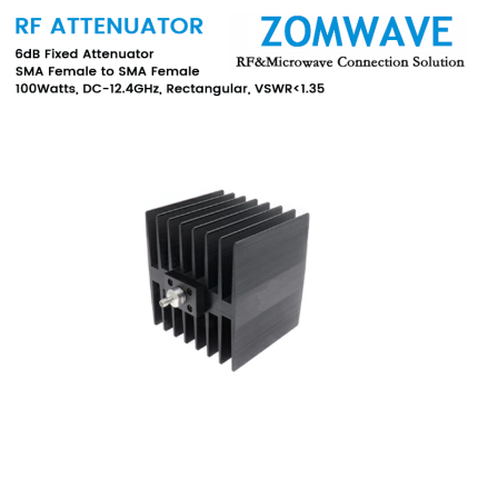6dB Fixed Attenuator, SMA Female to SMA Female, 100Watts, DC-12.4GHz, Rectangular, VSWR1.35