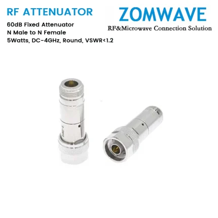 60dB Fixed Attenuator, N Male to N Female, 5Watts, DC-4GHz, Round, VSWR1.2