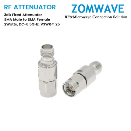 3dB Fixed Attenuator, SMA Male to SMA Female, 2Watts, DC-8.5GHz, VSWR1.25