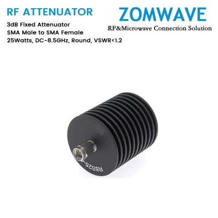 3dB Fixed Attenuator, SMA Male to SMA Female, 25Watts, DC-8.5GHz, Round, VSWR1.2