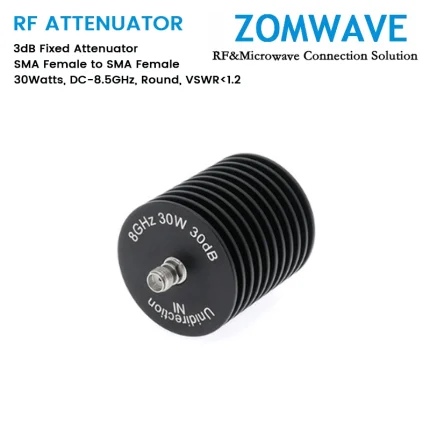 3dB Fixed Attenuator, SMA Female to SMA Female, 30Watts, DC-8.5GHz, Round, VSWR1.2
