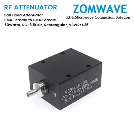 3dB Fixed Attenuator, SMA Female to SMA Female, 50Watts, DC-8.5GHz, Rectangular, VSWR1.25