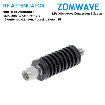 6dB Fixed Attenuator, SMA Male to SMA Female, 15Watts, DC-12.4GHz, Round, VSWR1.35