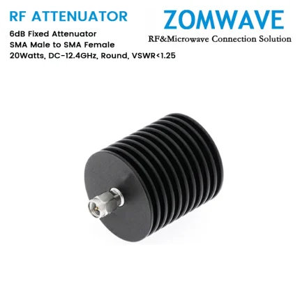 6dB Fixed Attenuator, SMA Male to SMA Female, 20Watts, DC-12.4GHz, Round, VSWR1.25