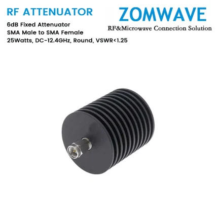 6dB Fixed Attenuator, SMA Male to SMA Female, 25Watts, DC-12.4GHz, Round, VSWR1.25