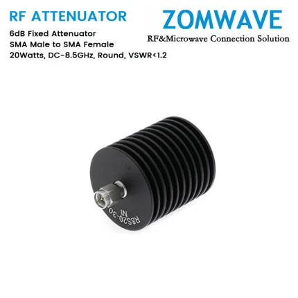 6dB Fixed Attenuator, SMA Male to SMA Female, 20Watts, DC-8.5GHz, Round, VSWR1.2