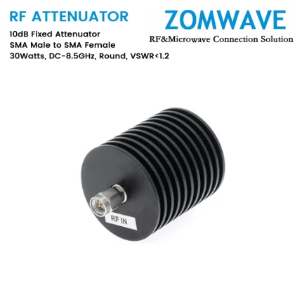 10dB Fixed Attenuator, SMA Male to SMA Female, 30Watts, DC-8.5GHz, Round, VSWR1.2