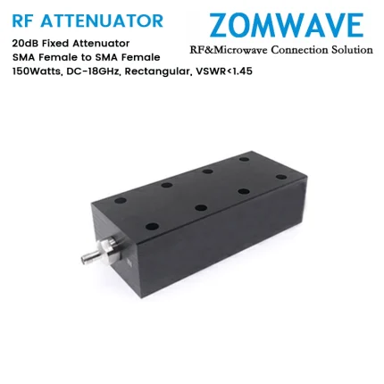20dB Fixed Attenuator, SMA Female to SMA Female, 150Watts, DC-18GHz, Rectangular, VSWR1.45
