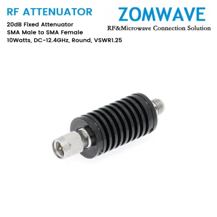 20dB Fixed Attenuator, SMA Male to SMA Female, 10Watts, DC-12.4GHz, Round, VSWR1.25