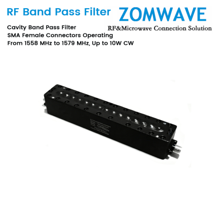 Cavity Band Pass Filter with SMA Female Connectors Operating From 1558 MHz to 1579 MHz, Up to 10W CW