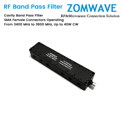 Cavity Band Pass Filter with SMA Female Connectors Operating From 3400 MHz to 3600 MHz, Up to 40W CW