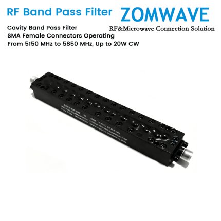 Cavity Band Pass Filter with SMA Female Connectors Operating From 5150 MHz to 5850 MHz, Up to 20W CW