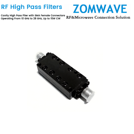 Cavity High Pass Filter with SMA Female Connectors Operating From 10 GHz to 28 GHz, Up to 15W CW