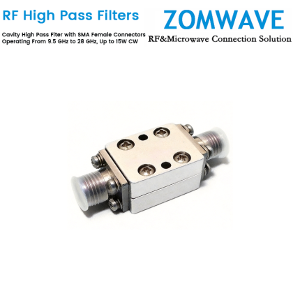 Cavity High Pass Filter with SMA Female Connectors Operating From 9.5 GHz to 28 GHz, Up to 15W CW
