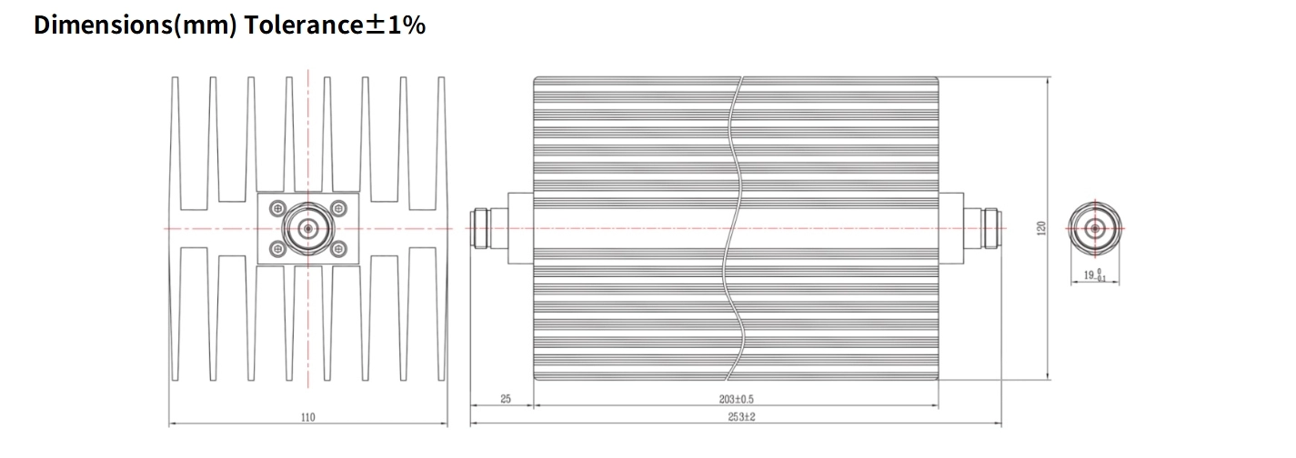 10dB Fixed Attenuator, N Female to N Female, 200Watts, DC-6GHz, Rectangular, VSWR1.25