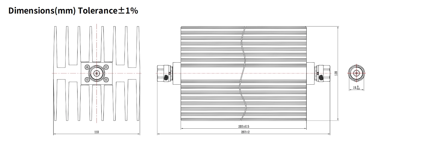 10dB Fixed Attenuator, N Male to N Male, 200Watts, DC-6GHz, Rectangular, VSWR1.25