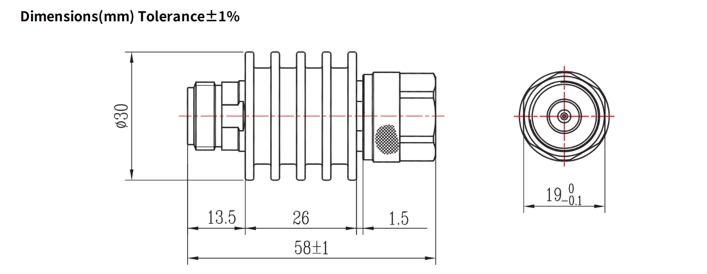 10dB Fixed Attenuator, N Male to N Female, 10Watts, DC-4GHz, Round, VSWR1.2