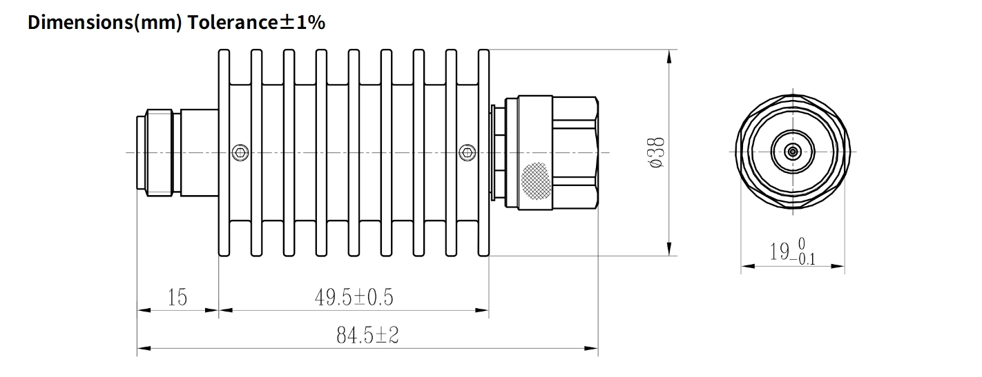 10dB Fixed Attenuator, N Male to N Female, 20Watts, DC-4GHz, Round, VSWR1.2