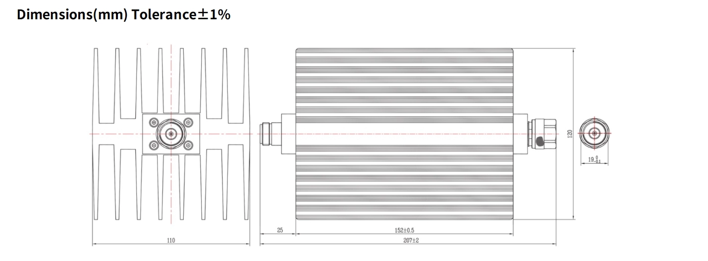 20dB Fixed Attenuator, N Male to N Female, 100Watts, DC-6GHz, Rectangular, VSWR1.25